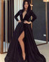 Modest Full Sleeve Satin Prom Dresses with Deep V-Neck 2019 Long Prom Gowns Split Side